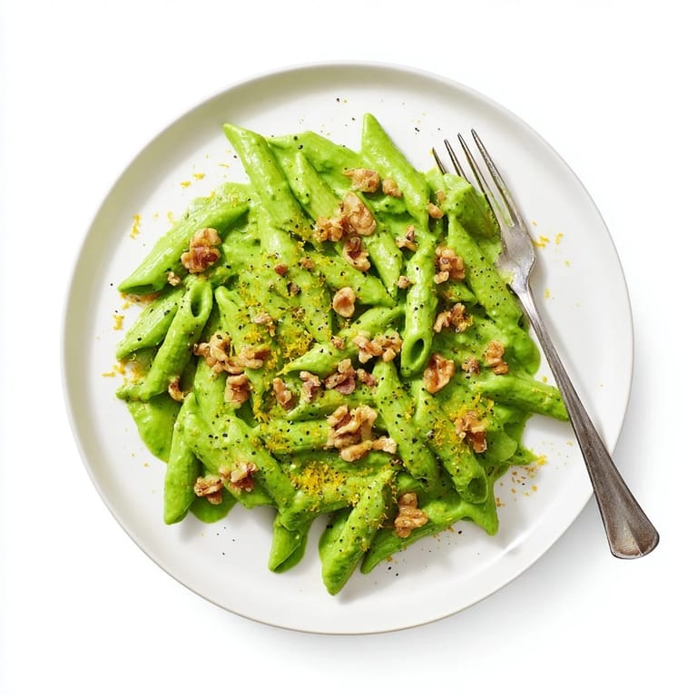 A close-up of Creamy Spinach Walnut Pasta in a white bowl, garnished with chopped walnuts and fresh spinach leaves.