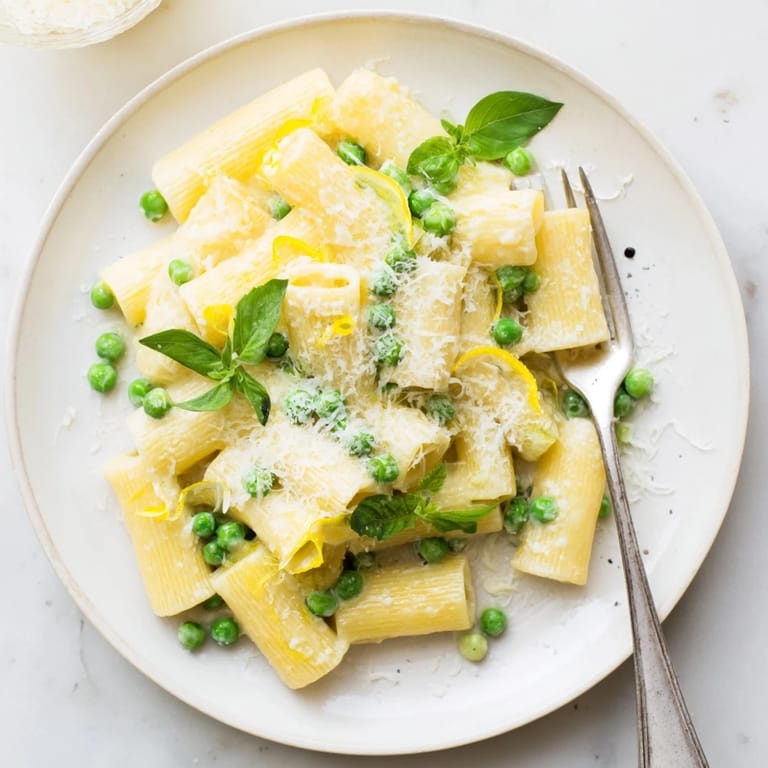 Vibrant pea and lemon ricotta pasta served family-style, garnished with lemon zest and herbs, perfect for easy vegetarian weeknights.