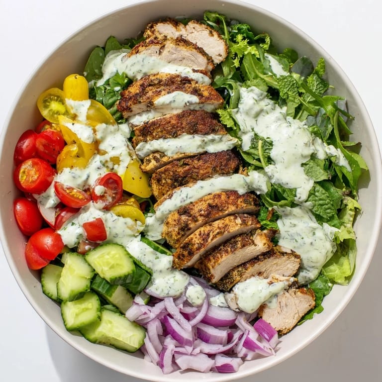 Colorful Chicken Shawarma Salad Bowl with juicy marinated chicken thighs arranged over fresh greens, cucumbers, and tomatoes, finished with tangy garlic yogurt dressing for a gluten-free family meal.
