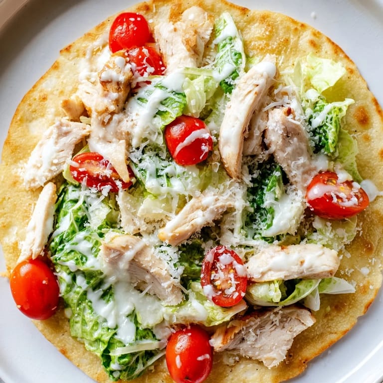 Serving Caesar Chicken Flatbread hot from the oven, loaded with grated Parmesan, tomatoes, and bright lemon wedges.