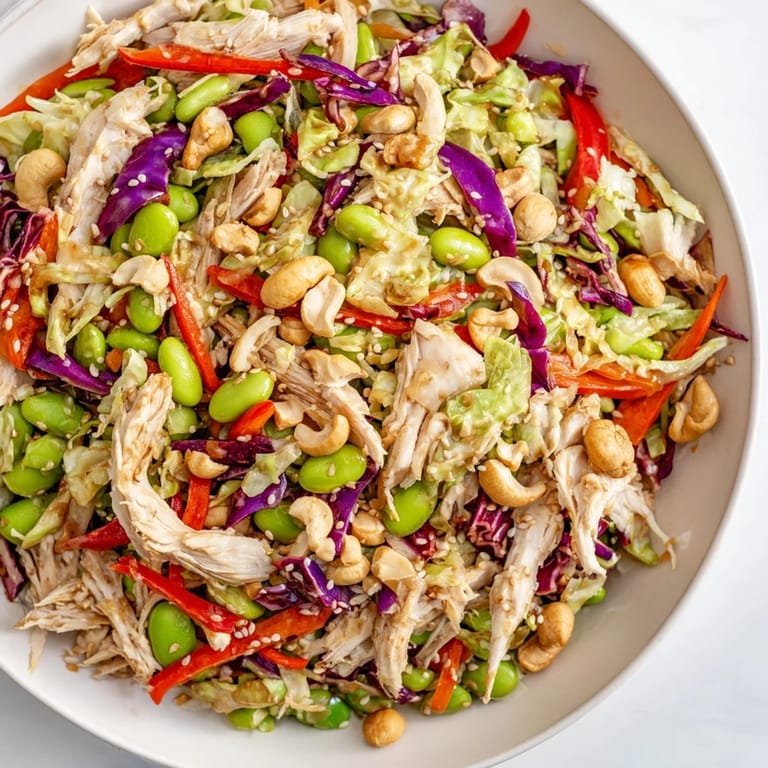 This Edamame Crunch Chicken Salad showcases shredded chicken, crunchy slaw, and sesame seeds tossed in a sweet and spicy dressing.