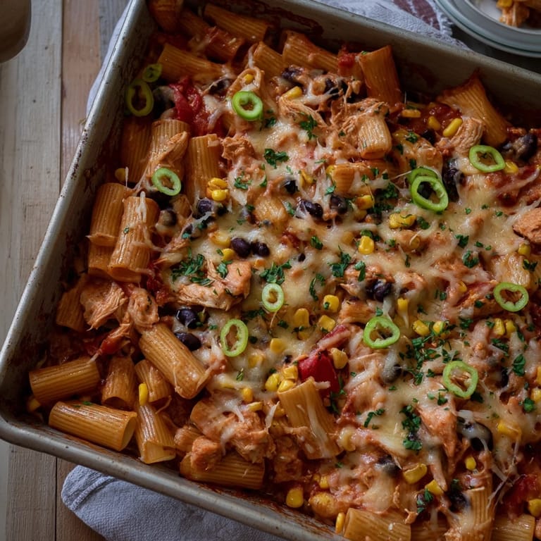 Steaming serving of Chicken Burrito Pasta Bake on a white plate, garnished with fresh cilantro and a lime wedge for a bright, zesty finish.