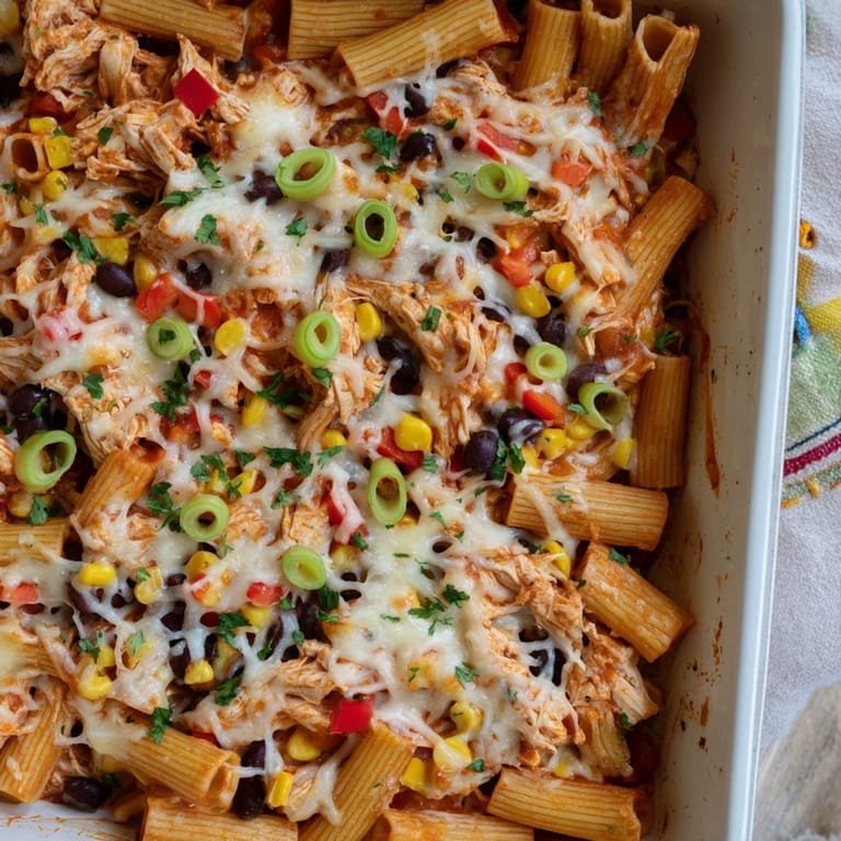 Freshly baked Chicken Burrito Pasta Bake in a ceramic dish, featuring golden, bubbly cheese topping with visible chunks of chicken, black beans, and red bell pepper.