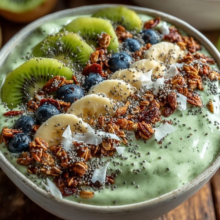 Deliciously creamy green smoothie bowl, a perfect healthy breakfast idea.