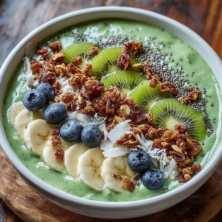Artfully topped green smoothie bowl, bursting with colorful fruit and seeds.