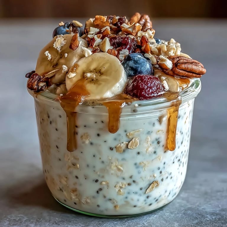 A vibrant bowl of overnight oats with chia, showcasing delightful spoonable texture and sweet fruit.