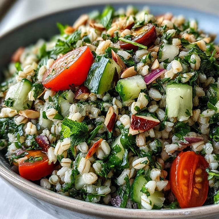 Vibrant Barley and Herb Salad bowl bursting with fresh herbs and vegetables.