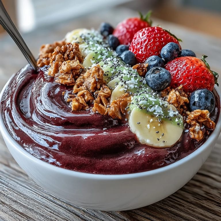 Juicy Acai Berry Smoothie Bowl visually stunning with colorful fruit toppings.