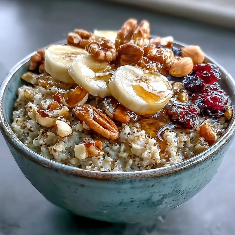 Warm buckwheat groats breakfast bowl, drizzled with honey, awaiting delicious fruit.