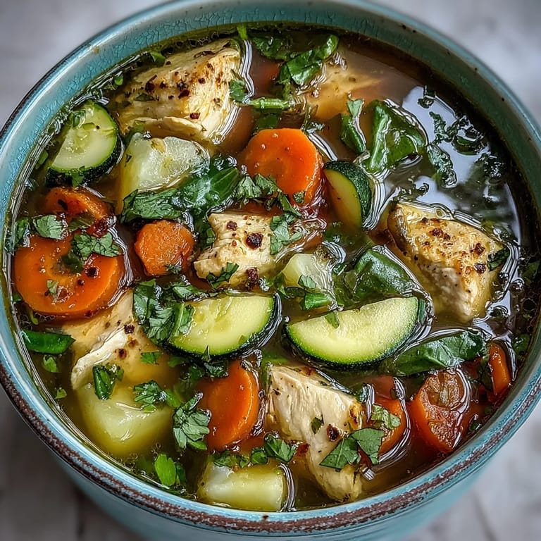 Hearty Turmeric Chicken Soup simmering in a pot with carrots, zucchini, and wilted spinach, ready to serve.