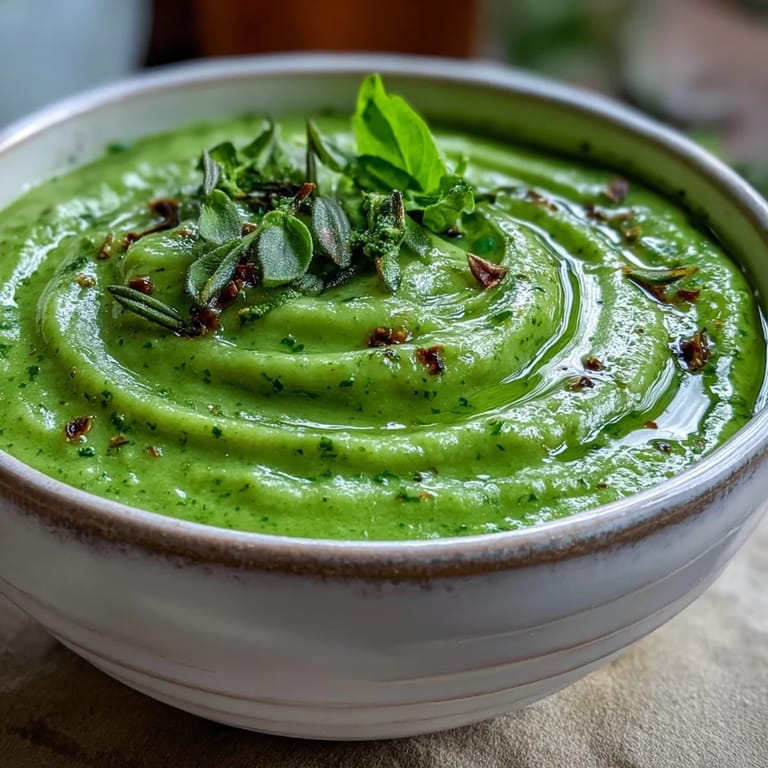 The creamy green Courgette, Pea and Pesto Soup is swirled with herby pesto and served steaming hot in a rustic ceramic bowl.