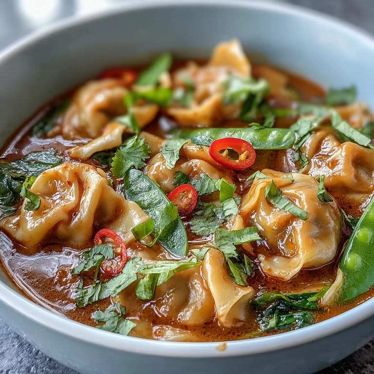 Colorful red curry wonton soup with greens topped with fresh cilantro, lime wedges, and chili slices in a cozy bowl for easy weeknight comfort.