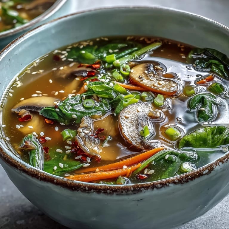 Steam rises from this savory miso ginger winter soup, filled with vibrant shiitake mushrooms, julienned carrots, and wilted baby spinach in a clear broth.
