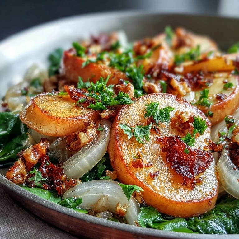 Steaming Apple and Sauerkraut Skillet Salad topped with fresh parsley and walnuts, served beside a slice of crusty bread.