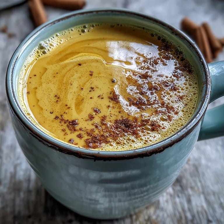 Golden milk recipe in a rustic mug, cinnamon-dusted and gently steaming, ideal for a soothing bedtime beverage.