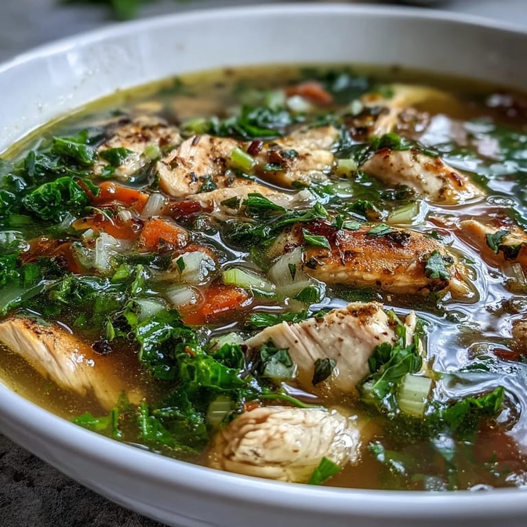 Close-up of High Protein Lemon and Turmeric Chicken Soup reveals shredded chicken, bright orange turmeric spice, and wilted green kale floating in a fragrant, clear broth, garnished with fresh lemon zest and parsley.