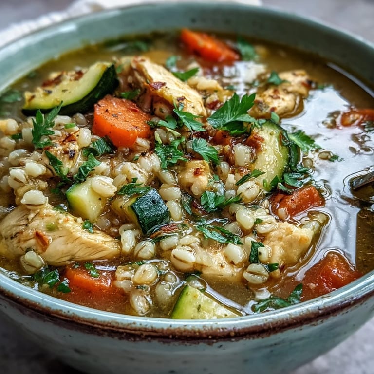 Golden-hued Soothing Turmeric Chicken With Pearl Barley simmering in a pot, with tender chicken, carrots, celery, and hearty pearl barley visible.  