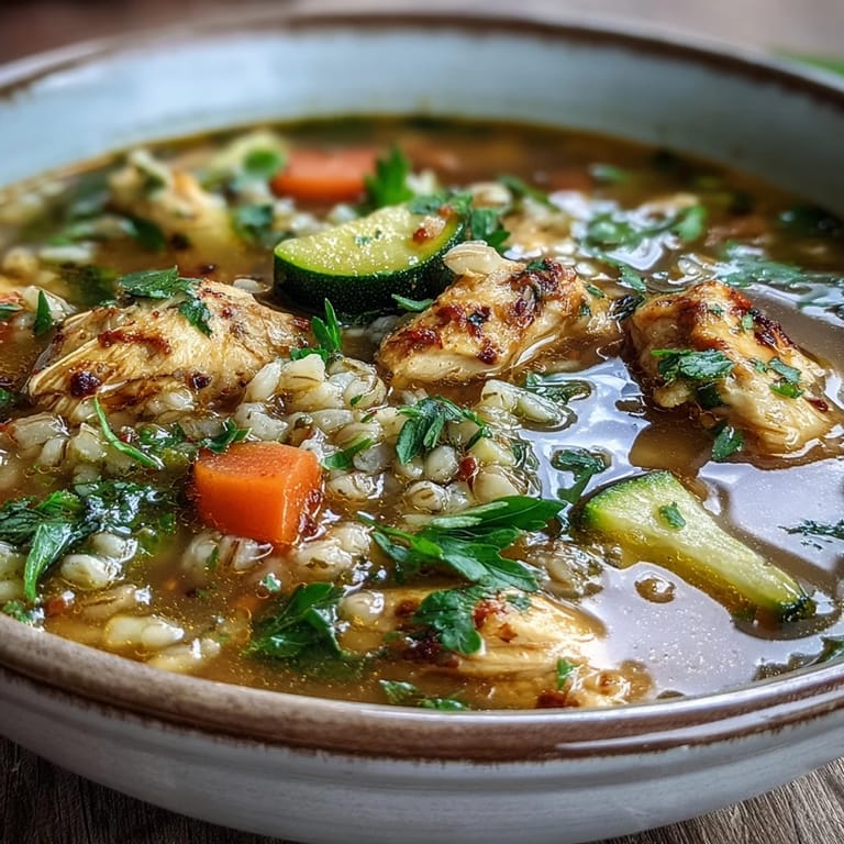 Close-up of Soothing Turmeric Chicken With Pearl Barley in a rustic bowl, steam rising and herbs sprinkled on top for garnish.