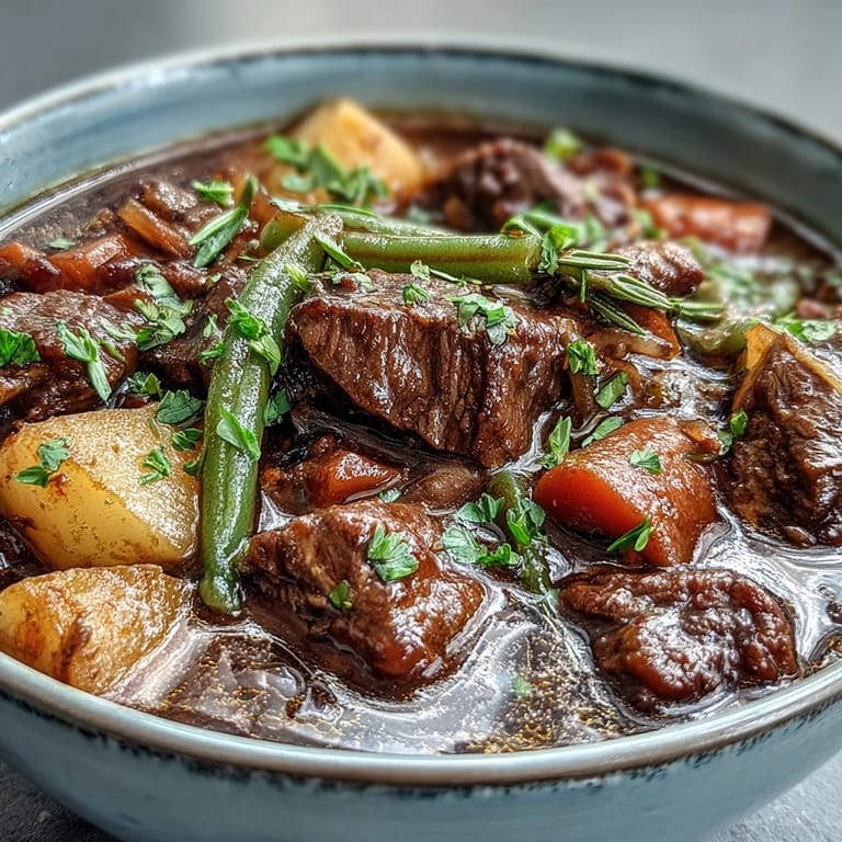 Steaming pot of rustic Beef and Vegetable Soup, featuring chunky root vegetables and herbs, ready to be served with crusty bread.
