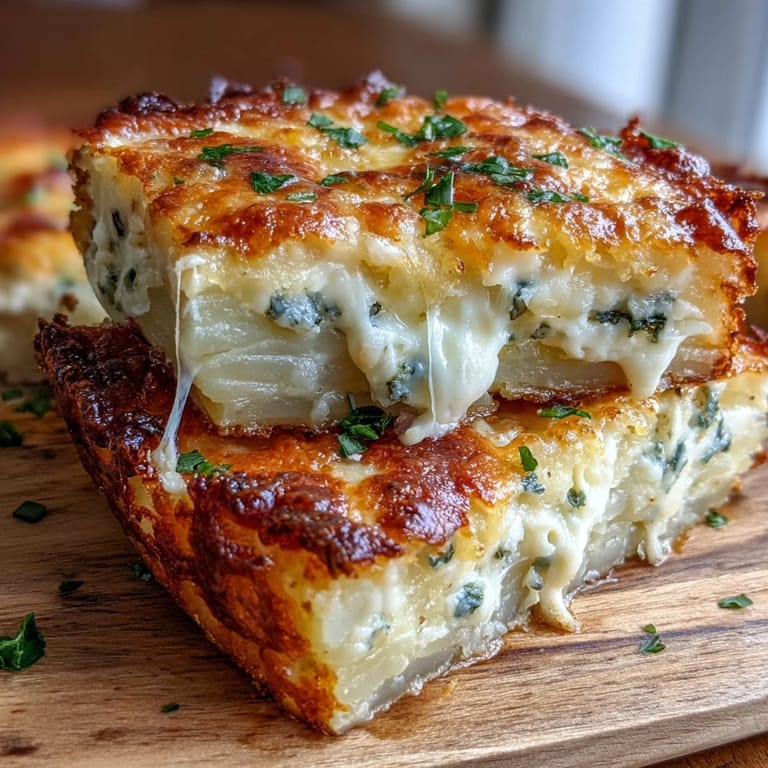 Comforting Cheese and Potato Pie with golden crust, fork-ready slices, and steam rising from creamy cheese filling.