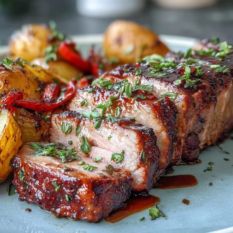Marinated Ibérico Pork Fillet plated with golden potatoes and tender red peppers, garnished with fresh rosemary sprigs.