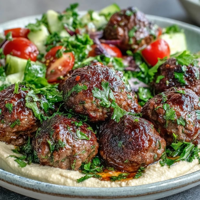 Two venison meatballs resting on creamy hummus beside a vibrant salad with tomatoes and cucumber.