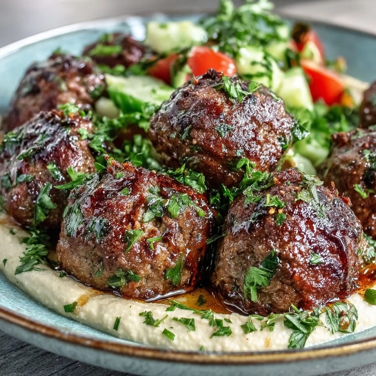 Close-up of seasoned venison meatballs served with fresh salad and hummus, perfect for a healthy meal.