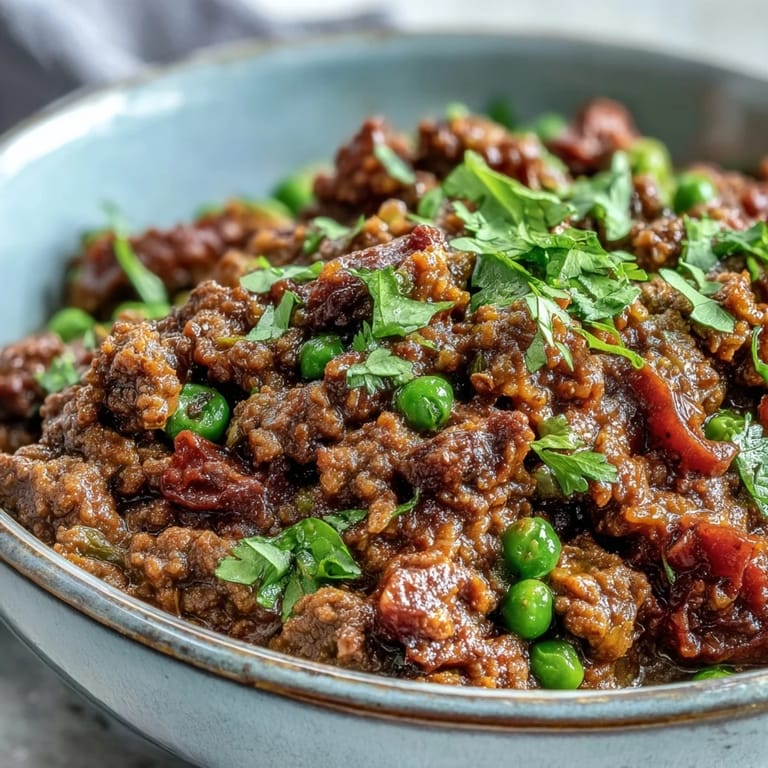 A skillet of simmering Venison Keema Curry with tender ground meat, green peas, and vibrant spices, ready to serve.
