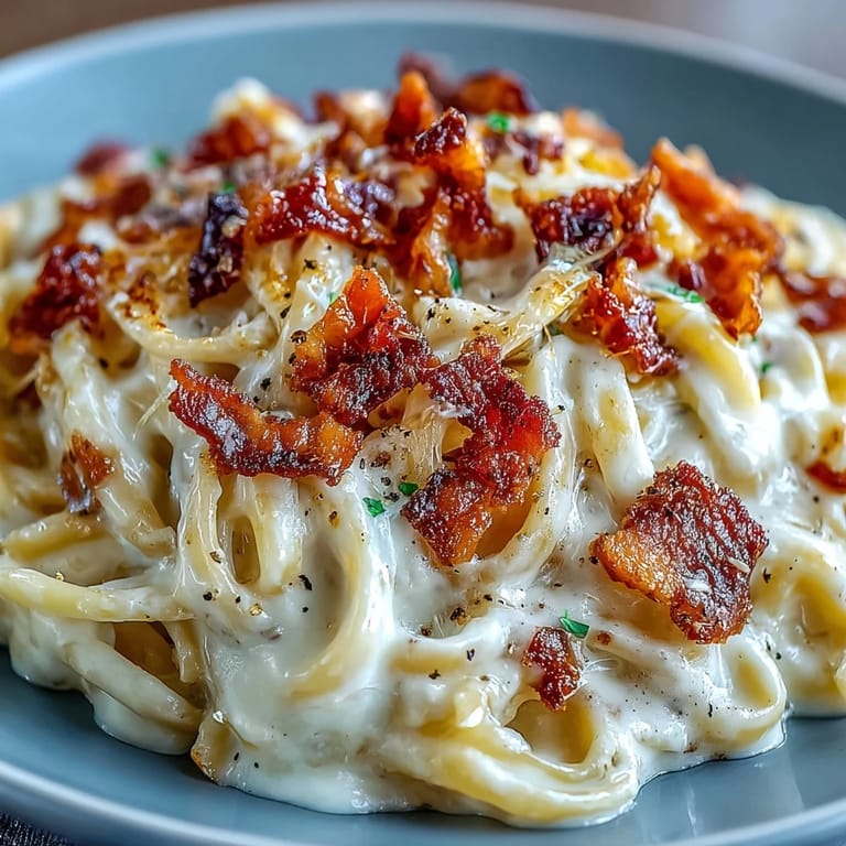 Close-up on creamy low-carb celeriac carbonara featuring crispy pancetta and a rich, velvety sauce.