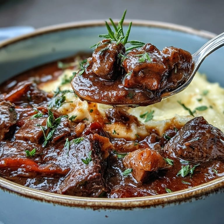 A rustic cast iron bowl holds savory Venison Stew with Sloe Gin, garnished with thyme and paired with Parmesan polenta.