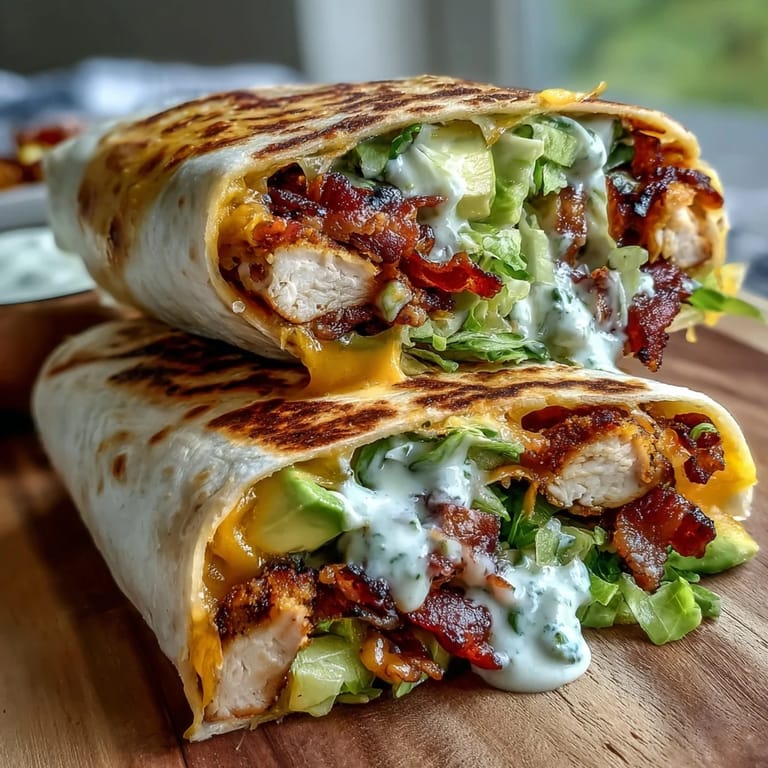Golden-brown tortilla wrap sliced in half, revealing layers of tender chicken, smoky bacon, and melted cheddar, perfect for lunch.