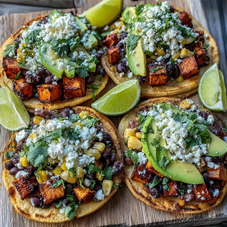 Vibrant Mexican-inspired Black Bean and Sweet Potato Tostadas loaded with corn, cilantro, and a drizzle of hot sauce.