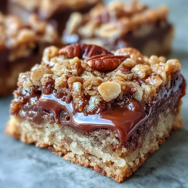 Freshly baked Decadent Sweet and Chewy Turtle Bars stacked on a plate, ready to serve with milk or coffee for dessert.