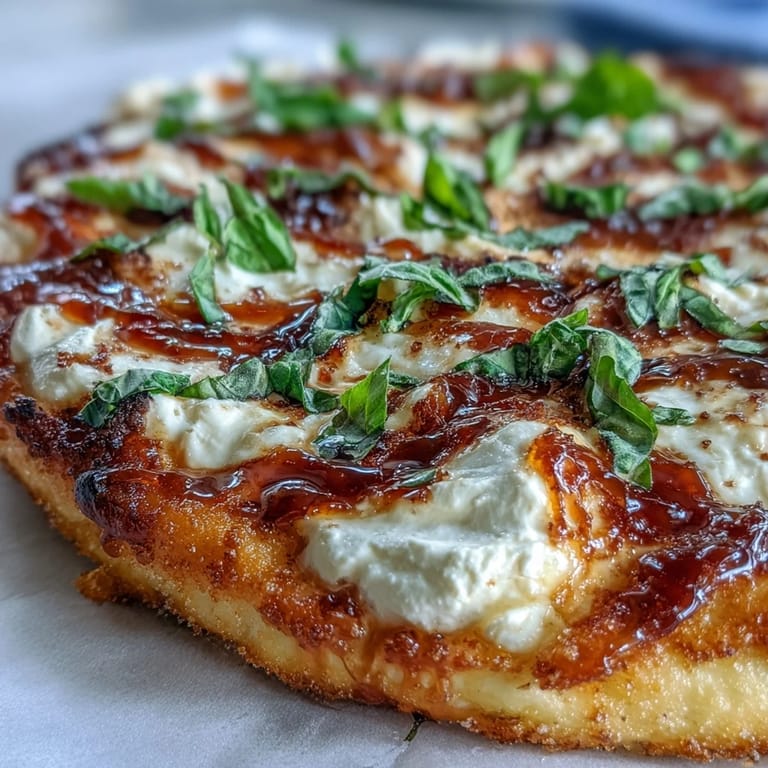 Close-up of a baked Hot Honey Ricotta Pizza showing melted cheese and a drizzle of hot honey.