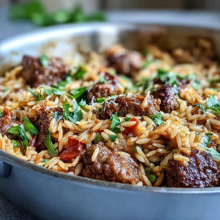 A spoon serving a warm portion of Comforting Ground Beef Orzo Dinner, highlighting its rich tomato broth and savory beef.