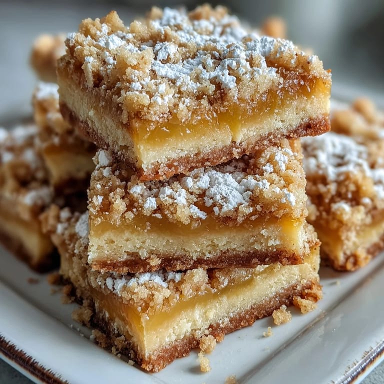 Homemade Lemon Crumb Bars feature a tangy lemon filling and buttery crumble topping, perfectly sliced on a marble countertop for dessert.
