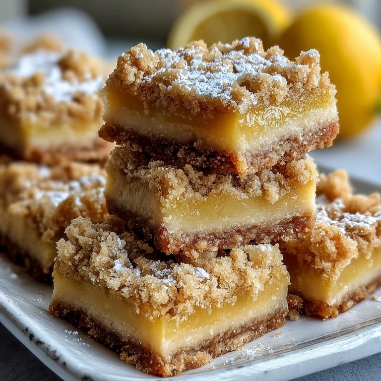 A close-up of Homemade Lemon Crumb Bars revealing a soft, zesty lemon interior and a crumbly, golden-brown crust ready to be eaten.