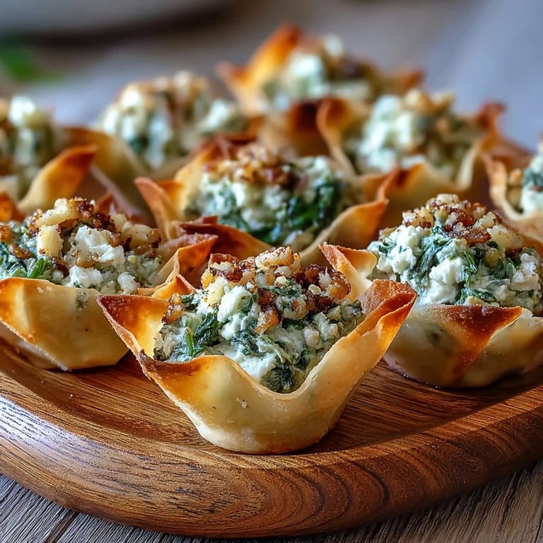 A close-up view of Mediterranean Spinach and Feta Cheese Crisps shows wilted spinach, crumbled feta, and golden-brown wonton wrappers.