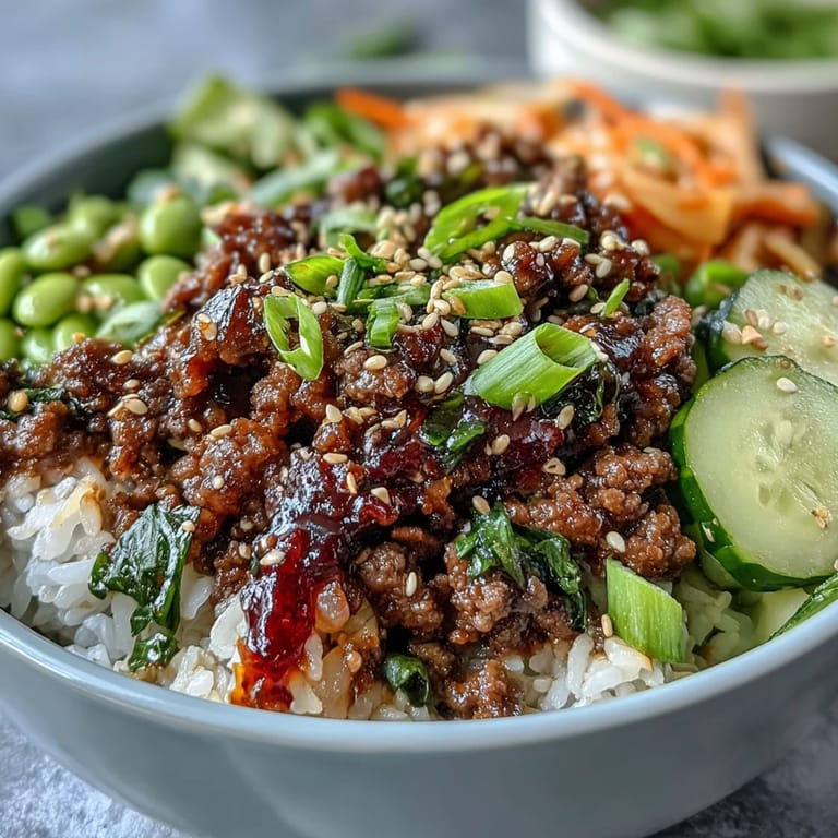 Colorful Korean Ground Beef Bowl with gochujang beef, crunchy carrots, cucumber, and tangy kimchi.