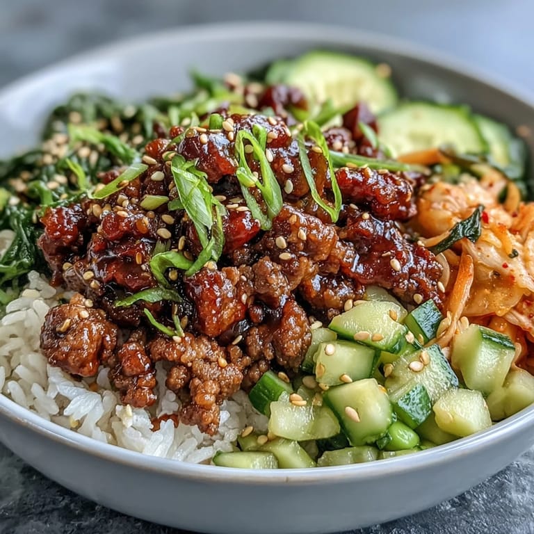Hot Korean Ground Beef Bowl with edamame, pickled kimchi, and sesame seeds on rice.