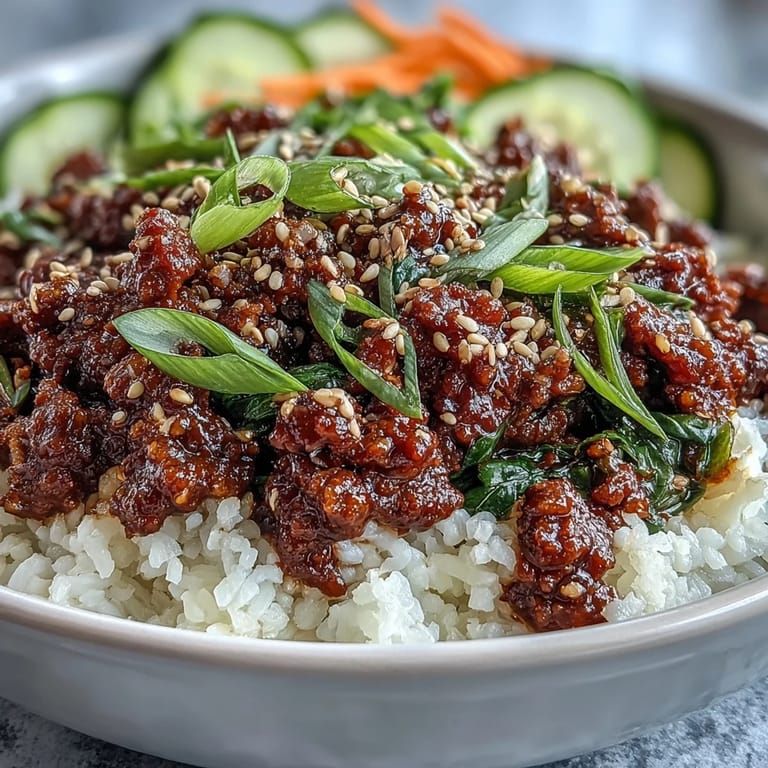 A bowl of Easy Korean Beef Bowl topped with fresh cucumber, carrots, green onions, and sesame seeds.