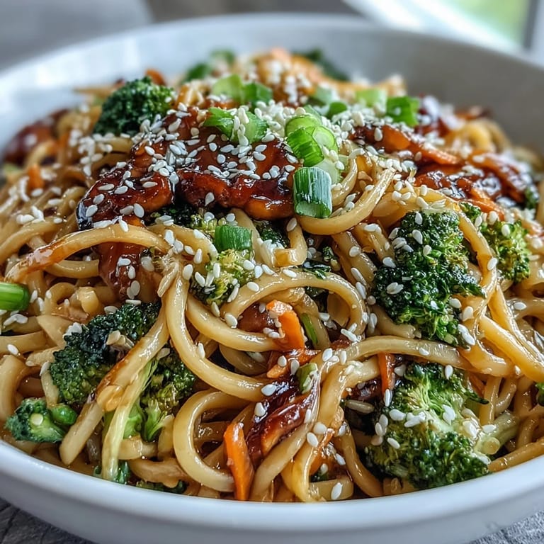 Close-up of an Asian Teriyaki Noodle Bowl, garnished with fresh green onions and toasted sesame seeds, perfect for a quick meal.