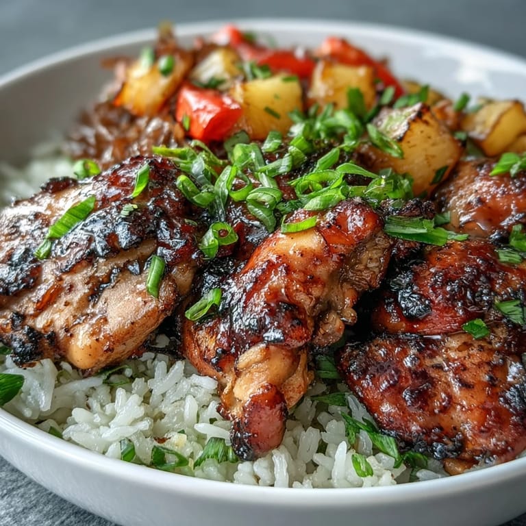 A close-up of a Teriyaki Chicken and Rice Bowl topped with diced pineapple, scallions, and sesame seeds on a placemat.