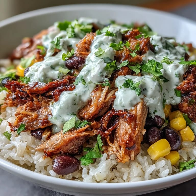 Fully assembled Carnitas Burrito Bowl with corn, cilantro, and fresh lime wedges.