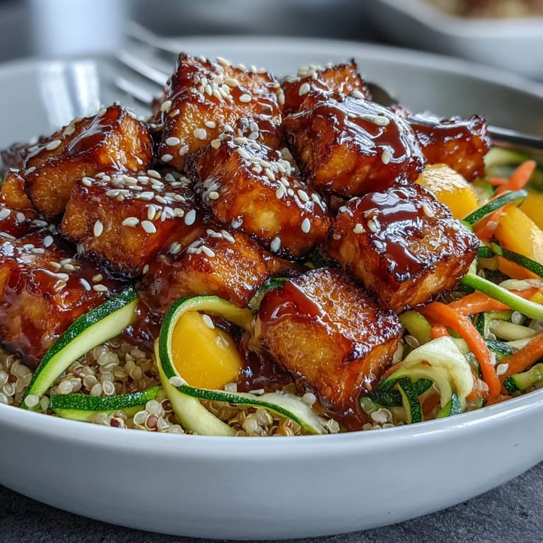 Bright mango chunks and green onions garnish the vibrant Easy Teriyaki Quinoa Bowl, drizzled with glossy sauce.