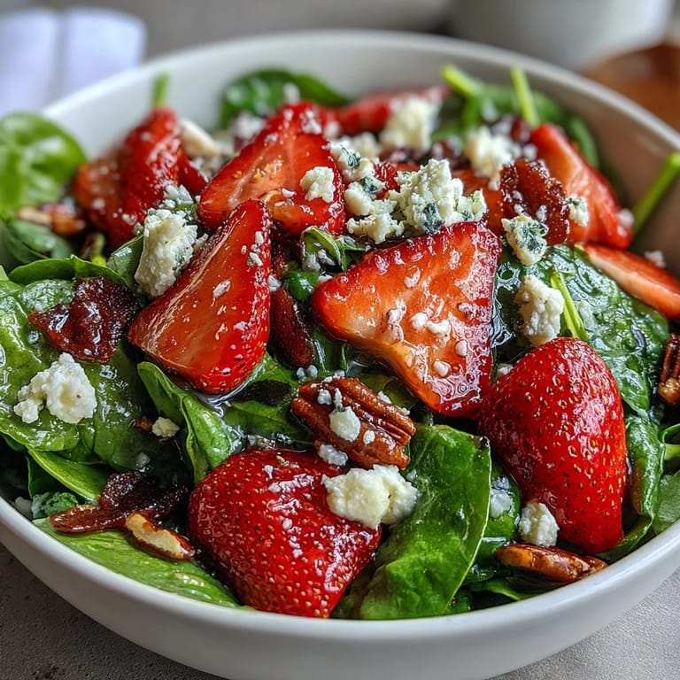 Bright spring salad with strawberries, spinach, and poppyseed dressing, topped with crunchy almonds and tangy feta cheese.