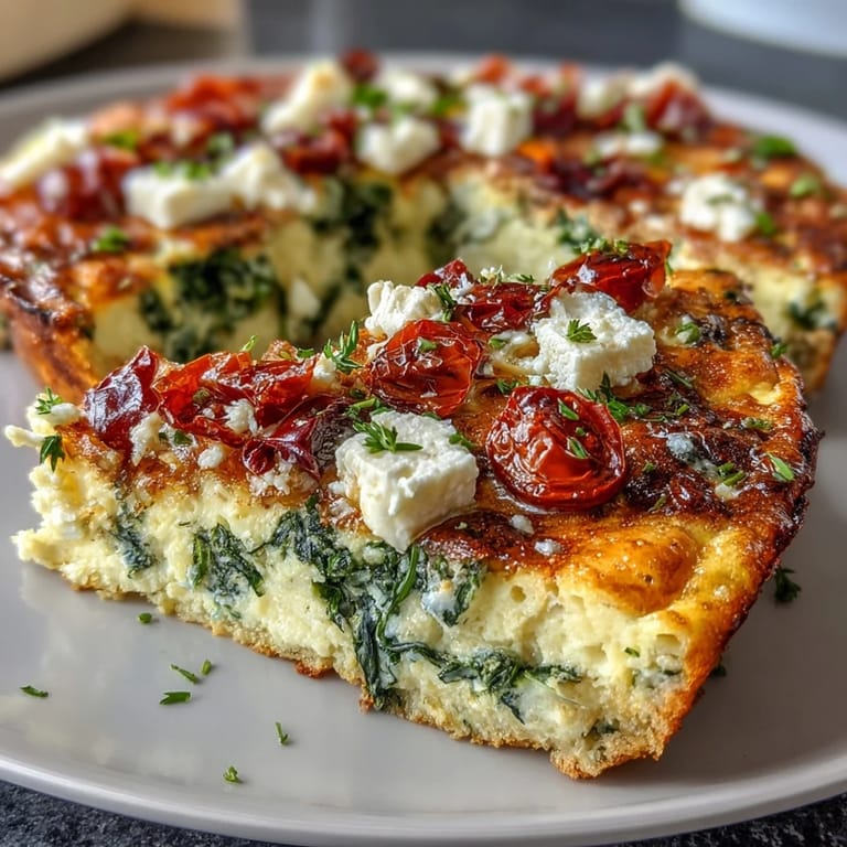 Fluffy egg frittata filled with fresh spinach, tangy feta, and sweet sun-dried tomatoes, baked until golden and tender.  