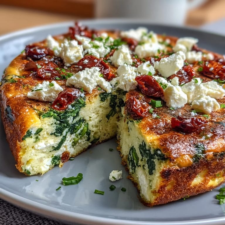 Hearty spinach and feta frittata with sun-dried tomatoes, served warm for a satisfying vegetarian main or brunch centerpiece.