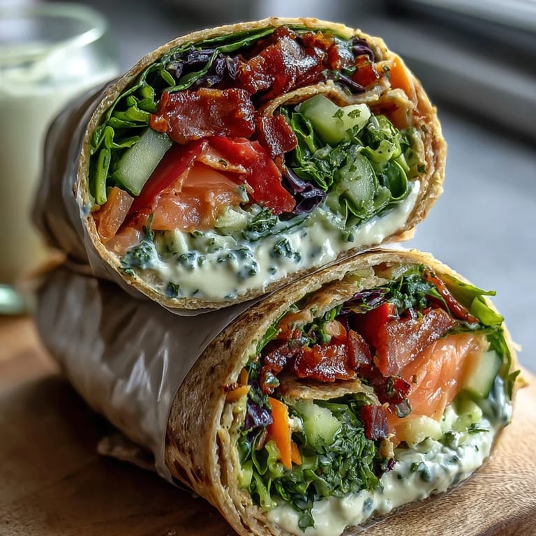 Bright and crunchy rainbow veggie wraps featuring purple cabbage, spinach, and peppers, sliced and ready for a wholesome lunch.
