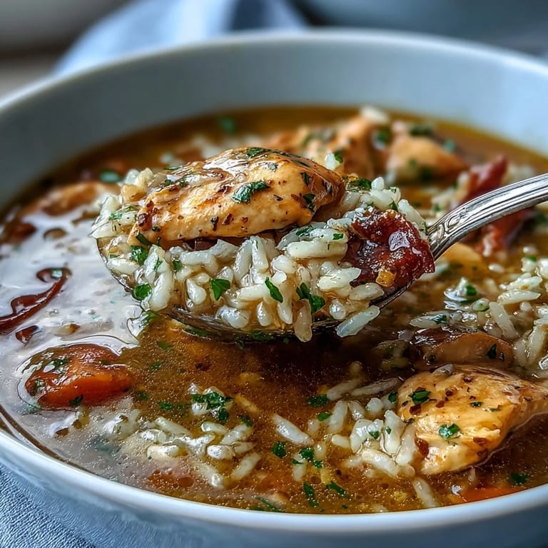 Easy chicken and rice soup with hearty chunks of chicken, fluffy rice, and vibrant vegetables in a warm, flavorful broth.